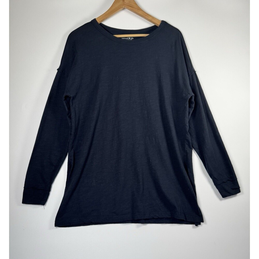 Natural‎ Life Tunic Top Womens Small Black Long Sleeve Raw Edge Cotton Slub Boho